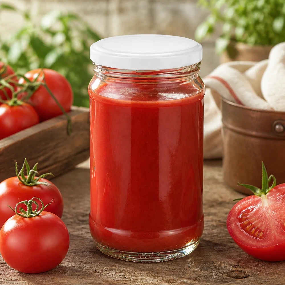 Tarro redondo de cristal de 370 ml + BasicSeal blanco UNiTWIST Frasco redondo UNiTWIST de 370 ml con tapa BasicSeal blanca, lleno de salsa de tomate y rodeado de tomates frescos