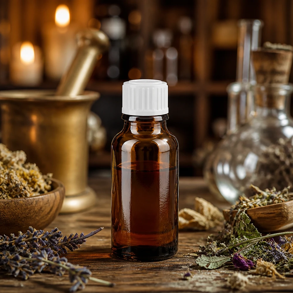 Frascos de farmacia de 20 ml de cristal marrón con protección UV y tapón blanco estándar sobre una mesa de madera