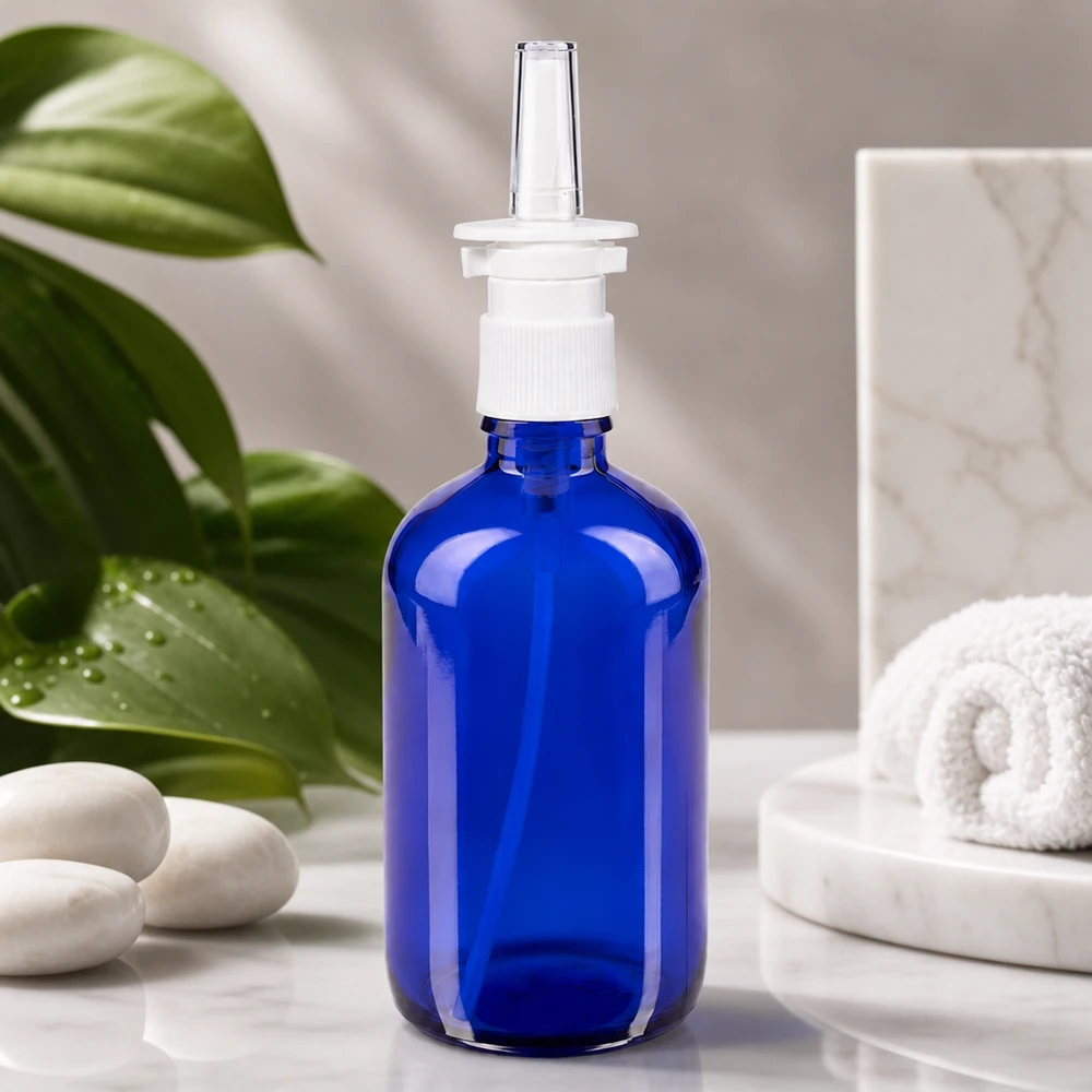 Botella de farmacia azul 100ml spray nasal blanco estándar Frasco de cristal azul cobalto de 100 ml con aplicador nasal, sobre mármol blanco junto a piedras de bienestar
