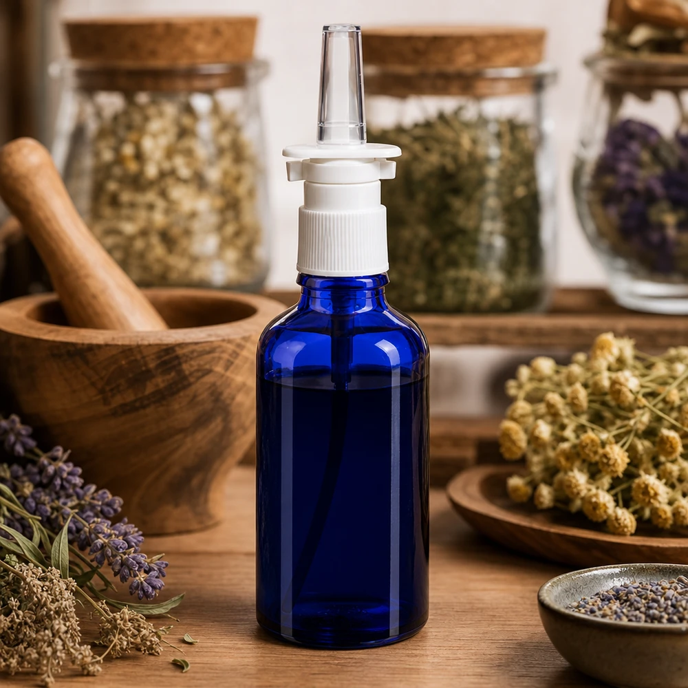 Botella pulverizadora farmacéutica azul de 50 ml con hierbas y accesorios de medicina natural al fondo