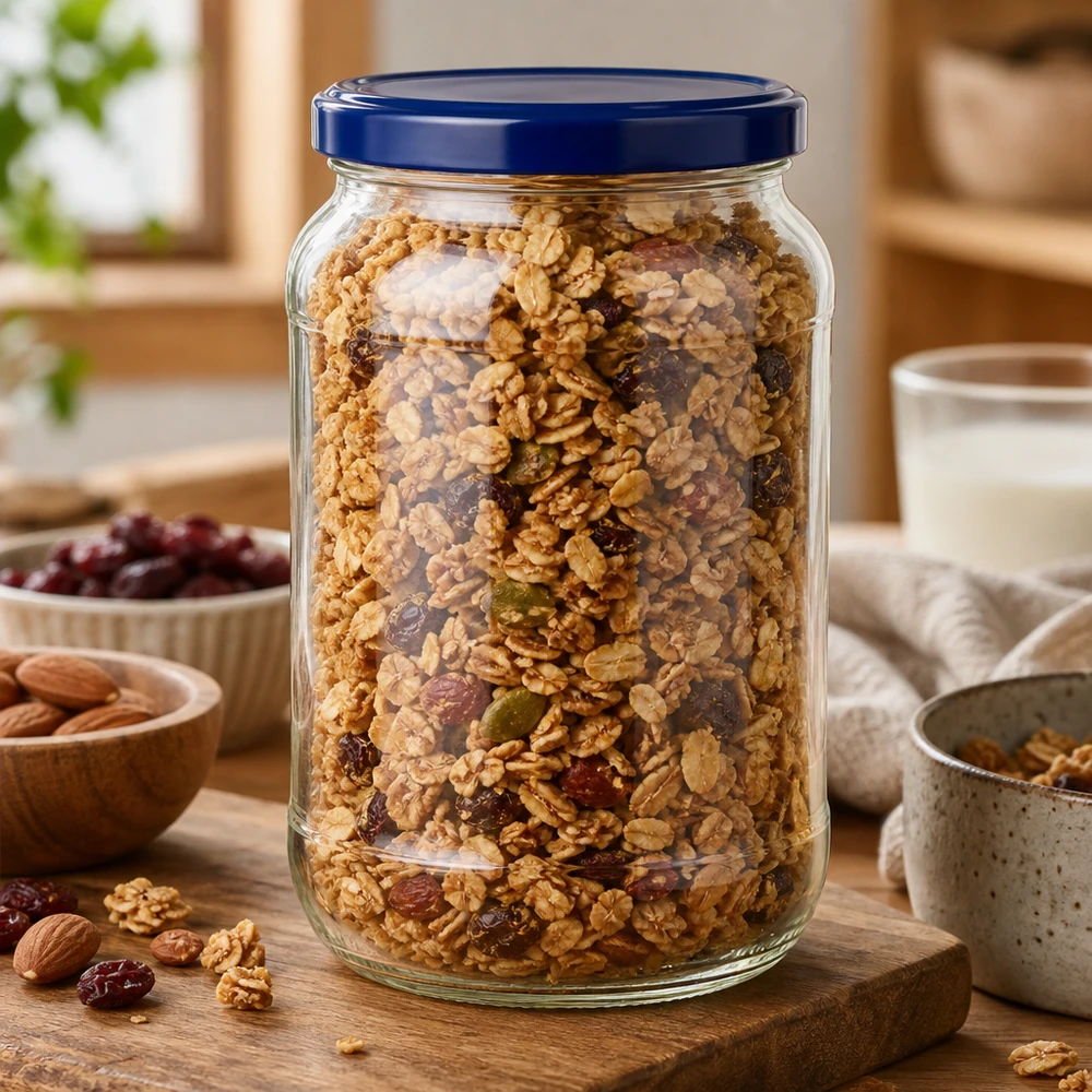 1062ml tarro redondo UNiTWIST tapa azul con muesli frutos secos tarro de almacenaje cocina tabla de madera