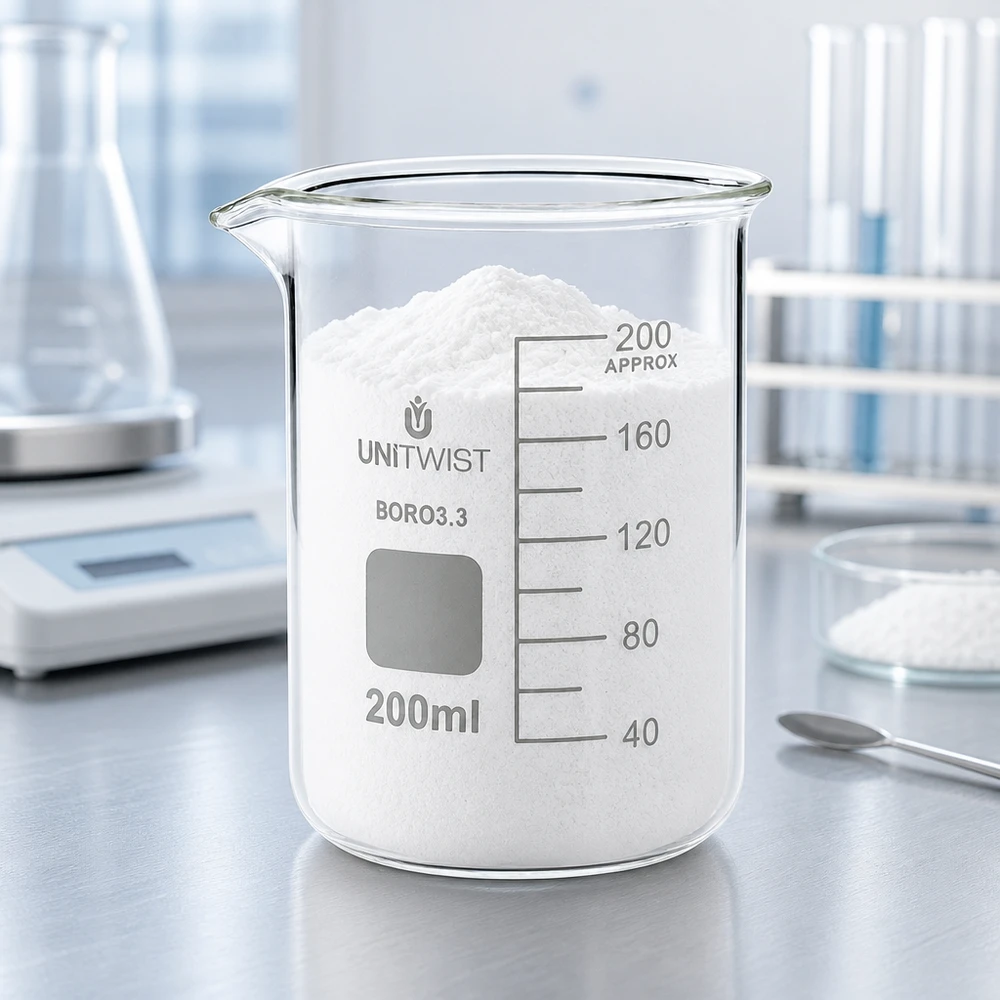 Un vaso de precipitados de 200 ml lleno de polvo blanco sobre una balanza de laboratorio muestra la precisión de la medición