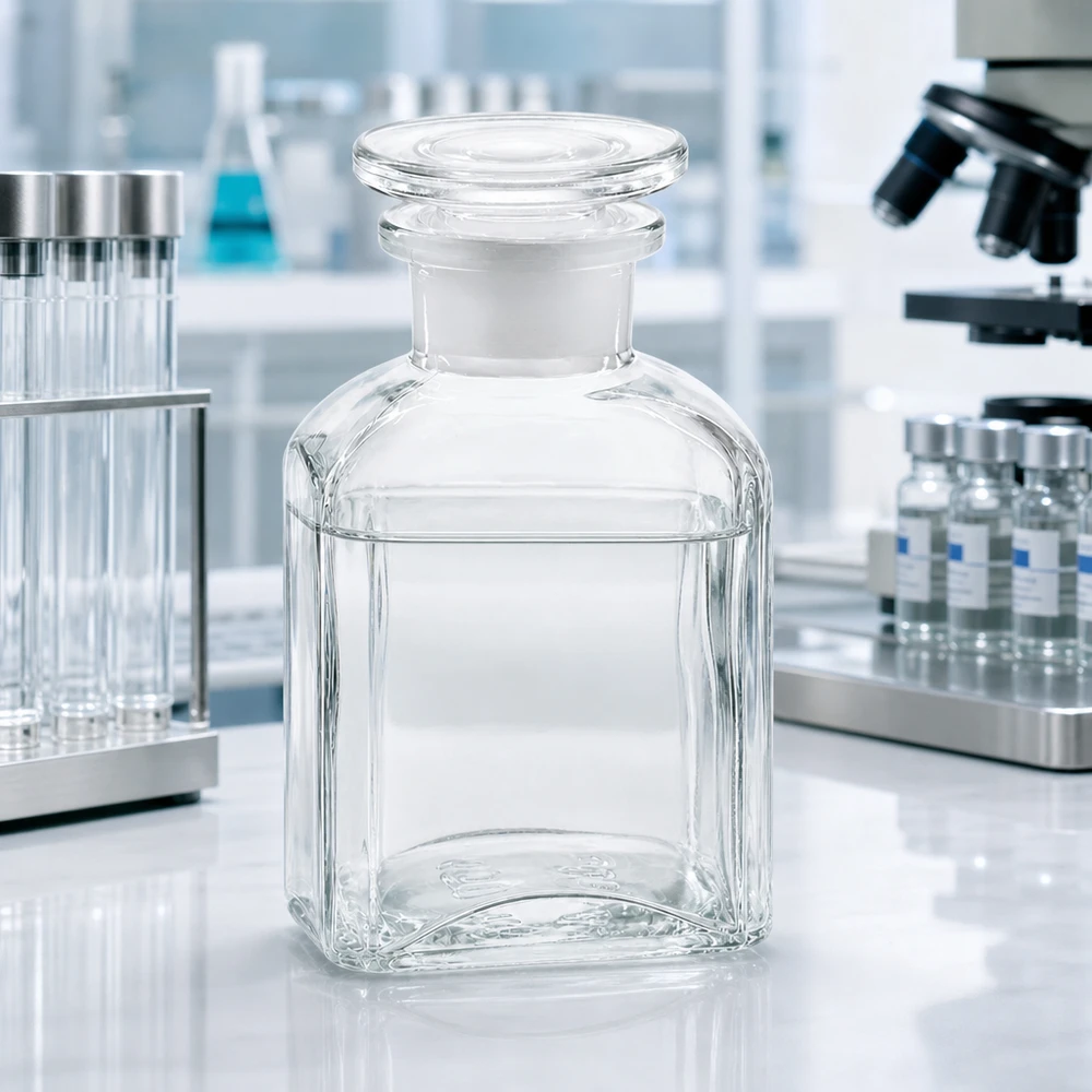 Frasco cuadrado 150ml transparente cuello ancho tapón de cristal Frasco de laboratorio rectangular de 150 ml, de cristal transparente, con boca ancha y tapón tallado