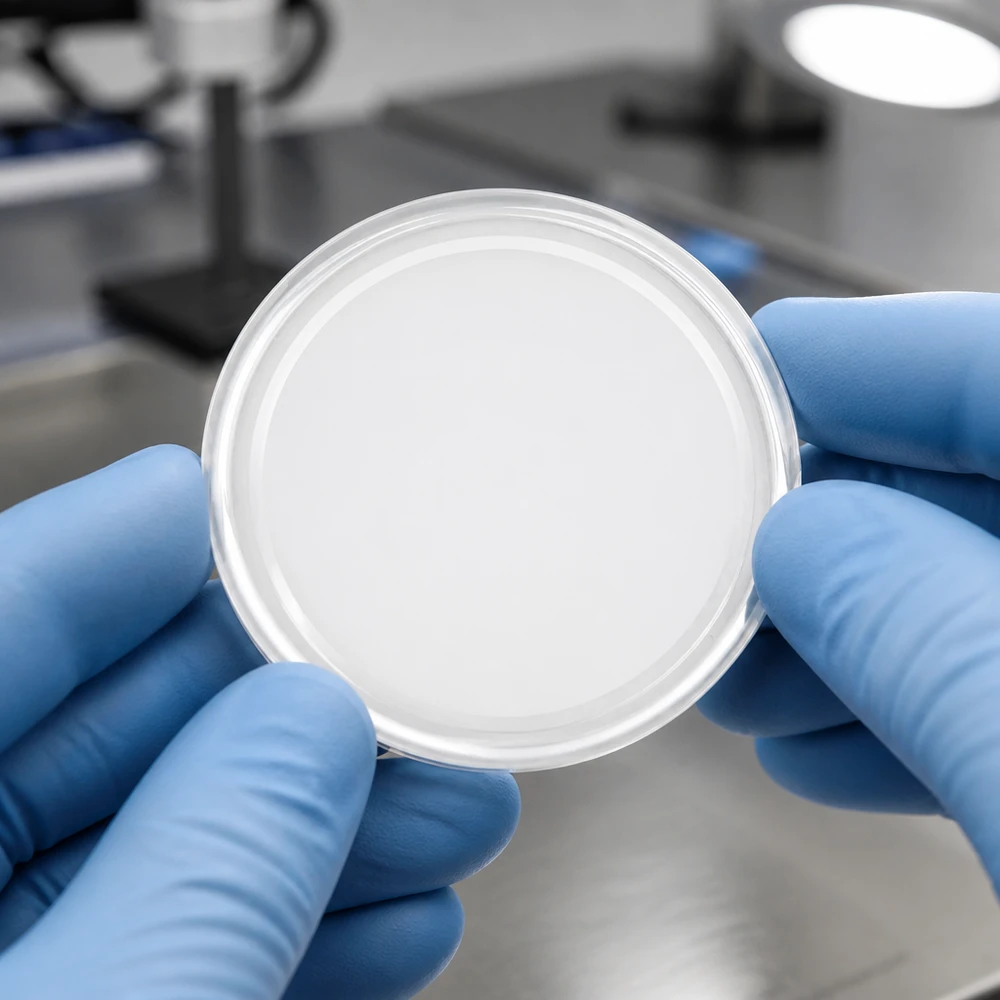 Tapa BasicSeal de 58 mm, blanca (TO58) UNiTWIST Vista de laboratorio de una tapa BasicSeal TO58 UniTwist blanca de 58 mm sujeta con un guante protector azul