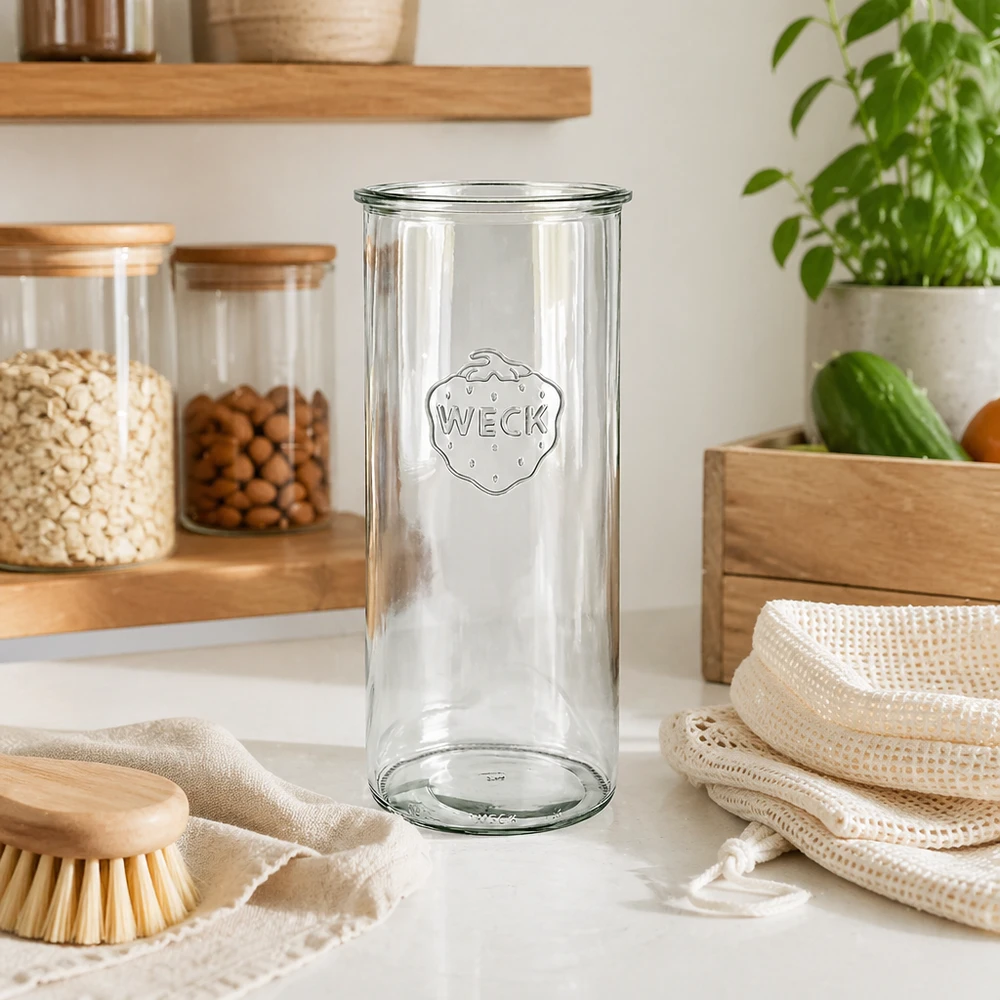 Tarro de albañil WECK RR100 de 1500 ml en una cocina moderna con estantes de madera y productos sostenibles