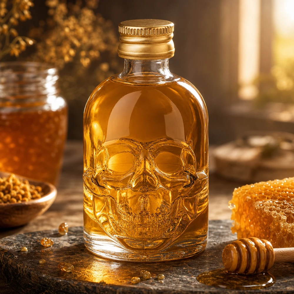 Botella de vidrio de 50 ml «Hector» y tapón de rosca dorado UNiTWIST® Botella de cristal Hector 50ml con relieve de calavera llena de miel junto a panal y cuchara de miel en cocina caliente