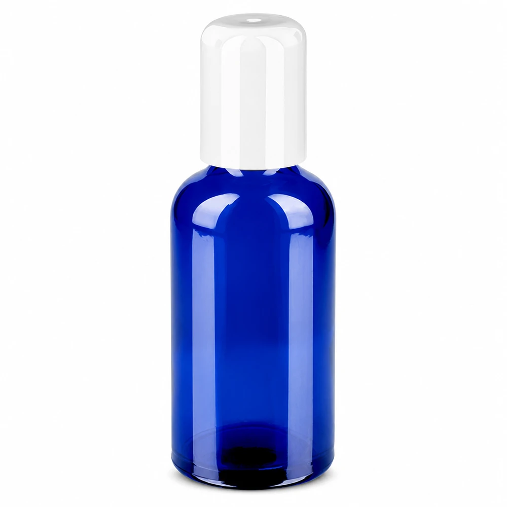 Frasco roll-on de 50 ml azul con tapón blanco para cosméticos y aceites esenciales