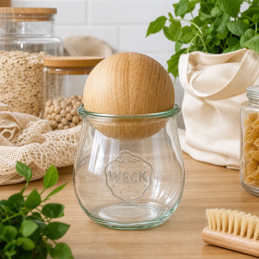 Tarro tulipa 220ml WECK RR60 con bola de madera haya WECK Tulpenglas RR60 220ml mit Buchenholzkugel in nachhaltiger Zero-Waste Küche neben Naturfasern und Kräutern