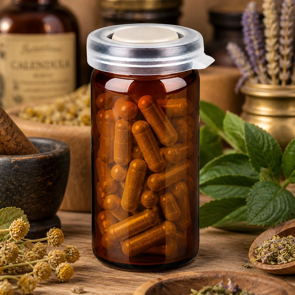 Frasco de farmacia marrón de 10 ml con tapa a presión, lleno de cápsulas de hierbas de color marrón dorado
