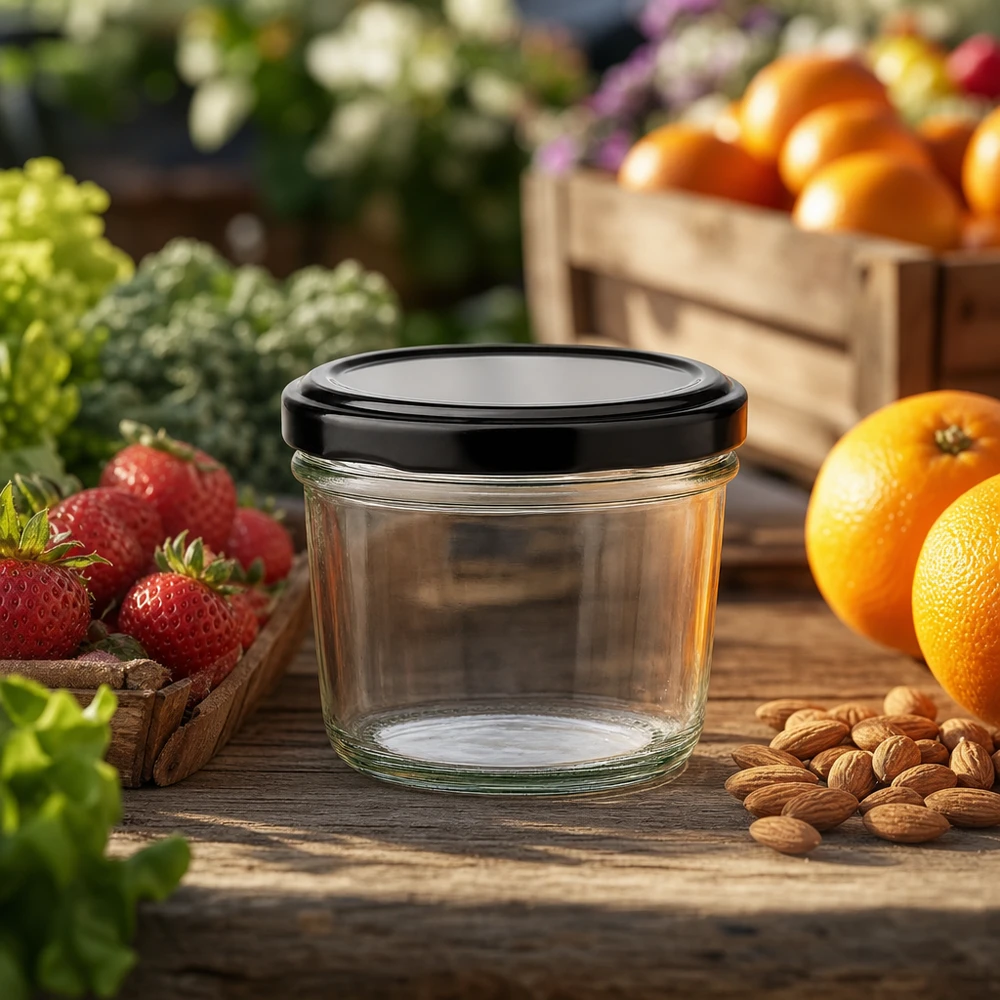 Vasos de 230ml con tapa BasicSeal negro UNiTWIST El tarro de cristal vacío de 230 ml con tapa negra entre fruta fresca y frutos secos muestra las posibilidades de aplicación natural