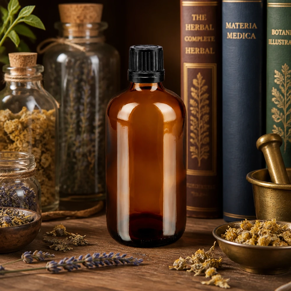 Frasco cuentagotas de vidrio ámbar de 100 ml con embalaje exterior negro, junto a libros de hierbas y un mortero