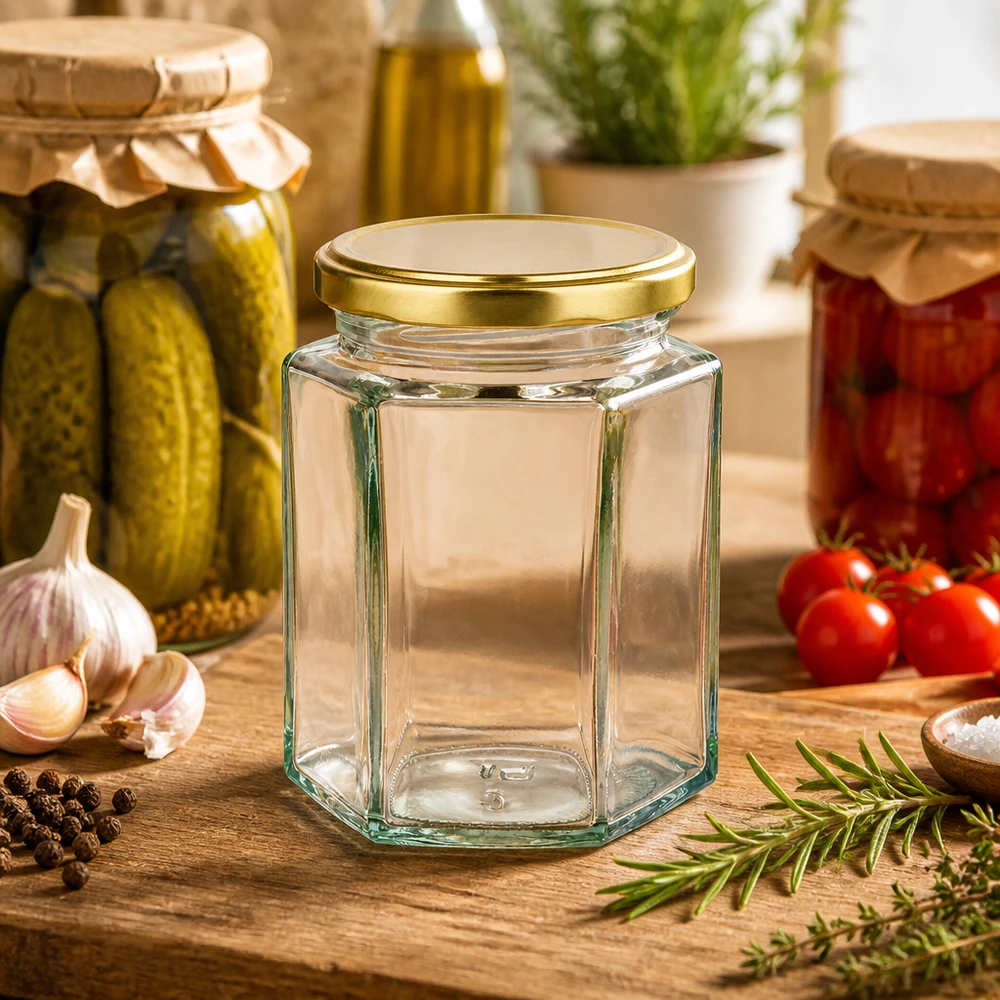 Frasco Hexaglas UNiTWIST de 191 ml con tapa BasicSeal dorada entre pepinillos y tomates en conserva