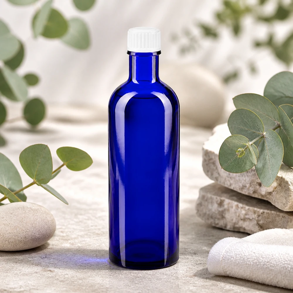 Botella de farmacia azul 200ml tapón rosca blanco estándar Frasco de farmacia de 200 ml, azul, con tapón de rosca de cristal blanco a prueba de niños