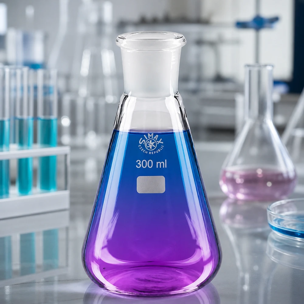 Matraz Erlenmeyer 300ml con líquido violeta y junta esmerilada estándar 29/32 para experimentos químicos