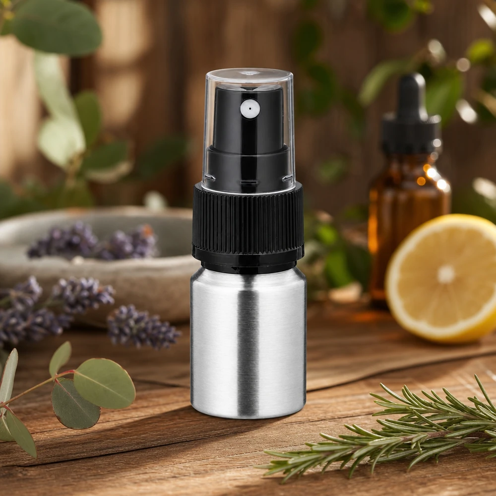 Botella de aluminio pulido de 10 ml con atomizador Pequeño frasco de aluminio de 10 ml con pulverizador - ideal para aceites esenciales y perfumes de viaje