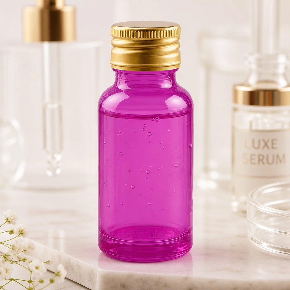 20ml botella 11mm tapón de rosca aluminio oro estándar PurpleLine. UT18/20 Frasco de cristal de 20 ml de color morado brillante con elegante tapón de aluminio dorado para sueros de lujo