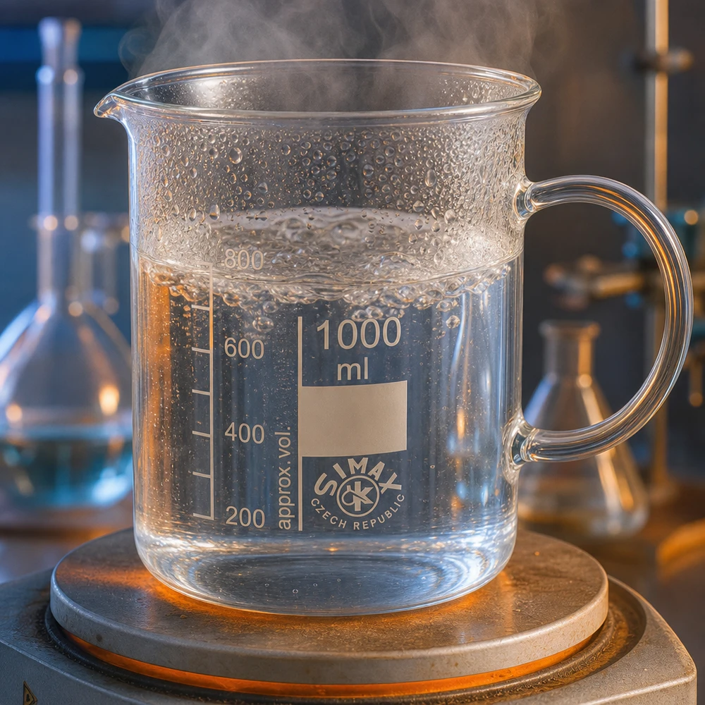 Agua hirviendo en un vaso de precipitados de 1000 ml con asa, sobre una placa calefactora en el laboratorio