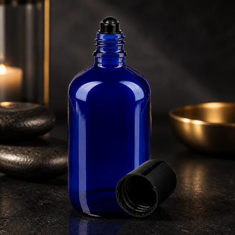 Botella de farmacia azul 100ml roll-on cap negro Frasco de farmacia azul cobalto de 100 ml con aplicador de bola negro y tapón de rosca