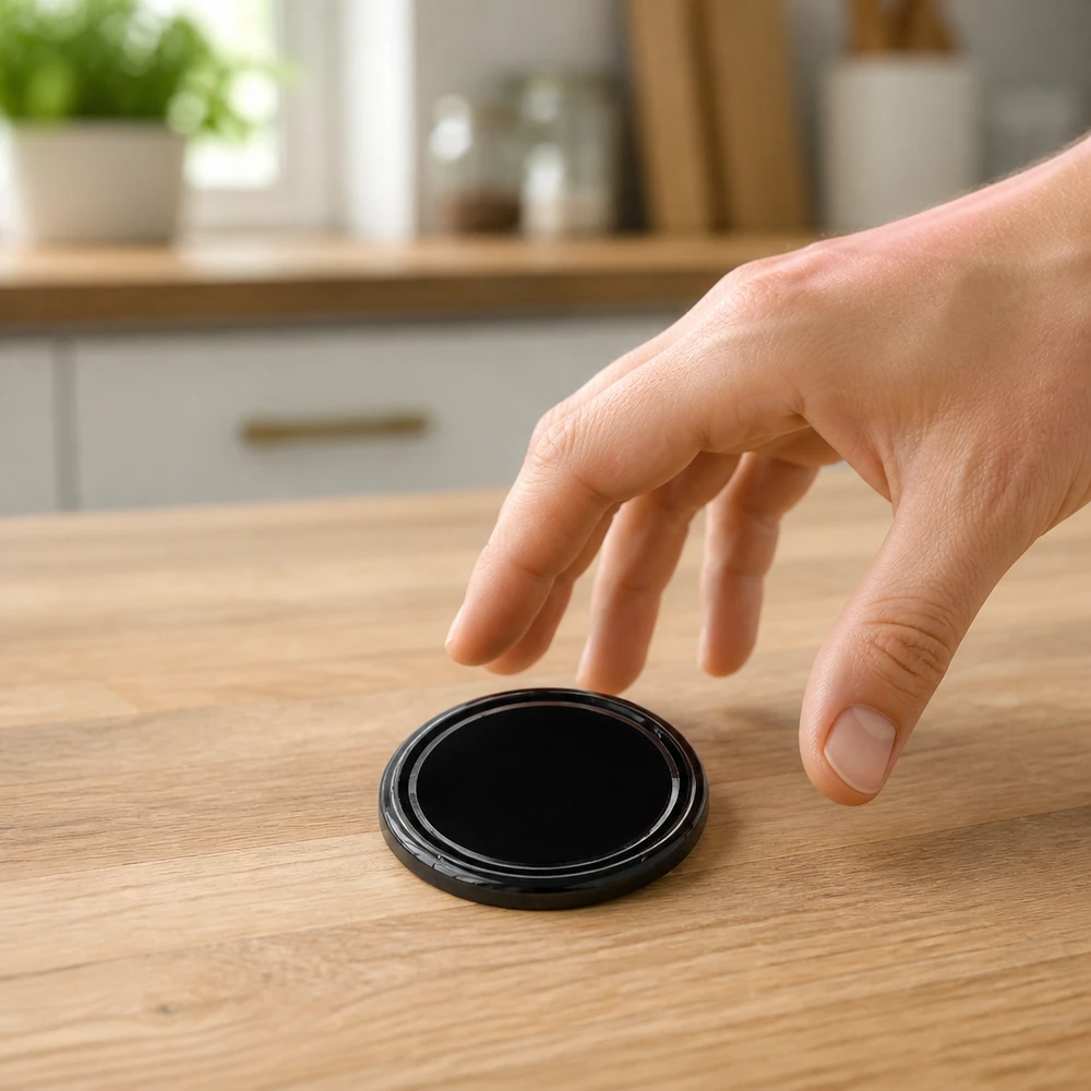 Tapa BasicSeal de 66 mm, negra (TO66) UNiTWIST Se coge con la mano un BasicSeal TO66 de 66 mm con tapa negra UNiTWIST sobre una mesa de madera