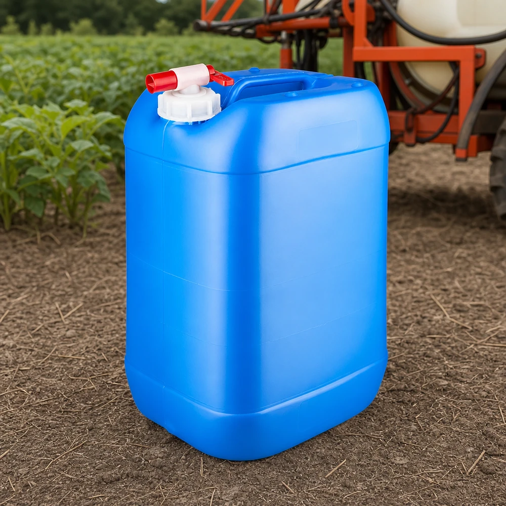 Bidón azul de 25 litros con grifo de salida utilizado en el ámbito agrícola junto a un pulverizador agrícola