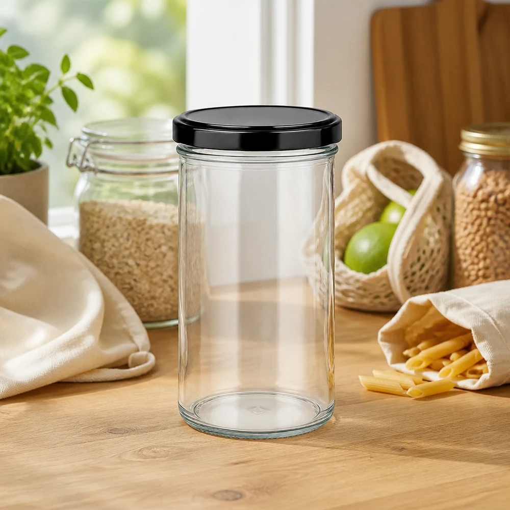 Vasos de 277ml con tapa BasicSeal negro UNiTWIST 277ml Sturzglas mit schwarzem Deckel umgeben von nachhaltigen Vorratsbehältern und Zero-Waste-Produkten auf Küchenarbeit