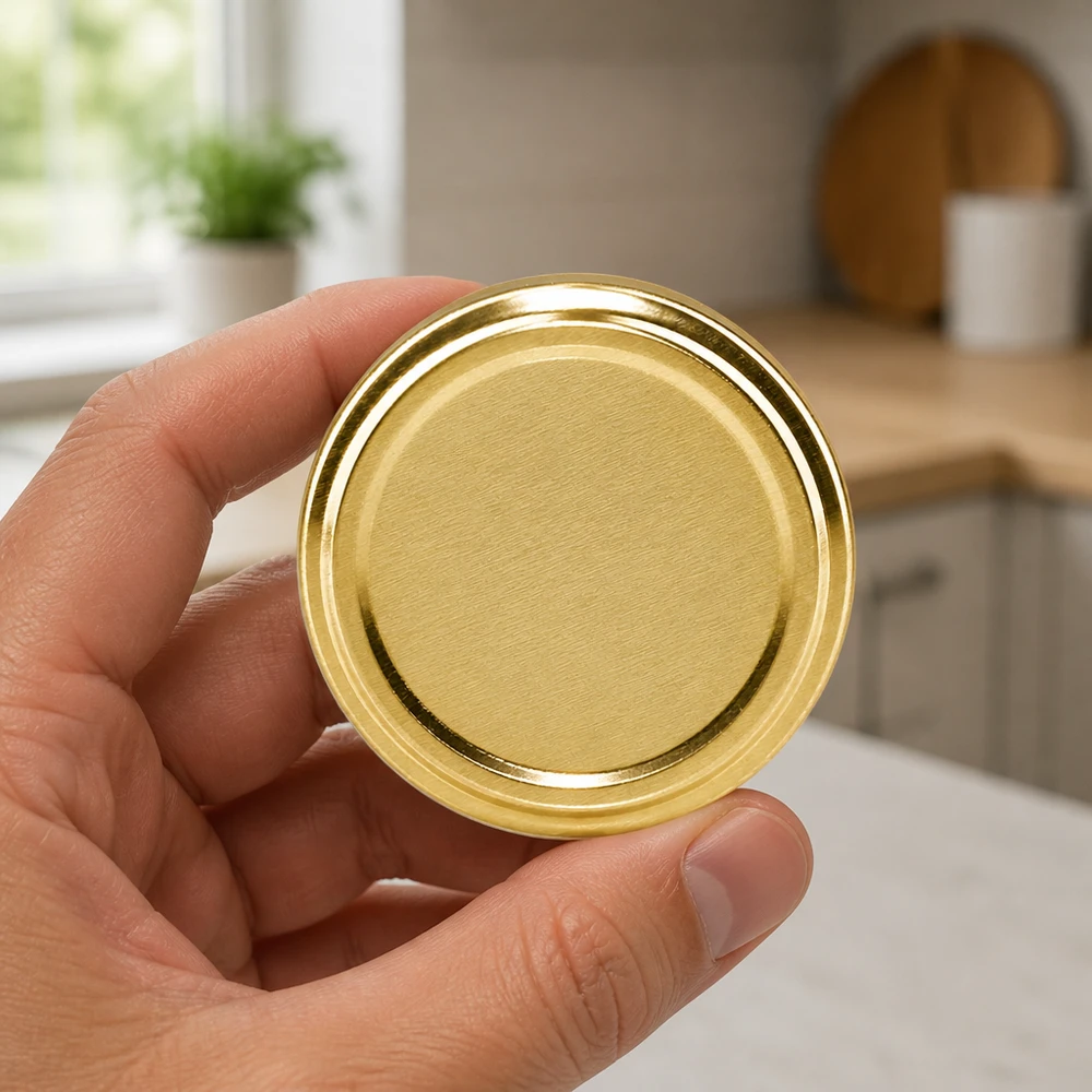 UNiTWIST TO82 dorado, BioSeal, sin BPA, unitemp Tapa de rosca dorada TO82 en la mano, fondo de cocina, BioSeal, sin BPA ni NI, unitemp