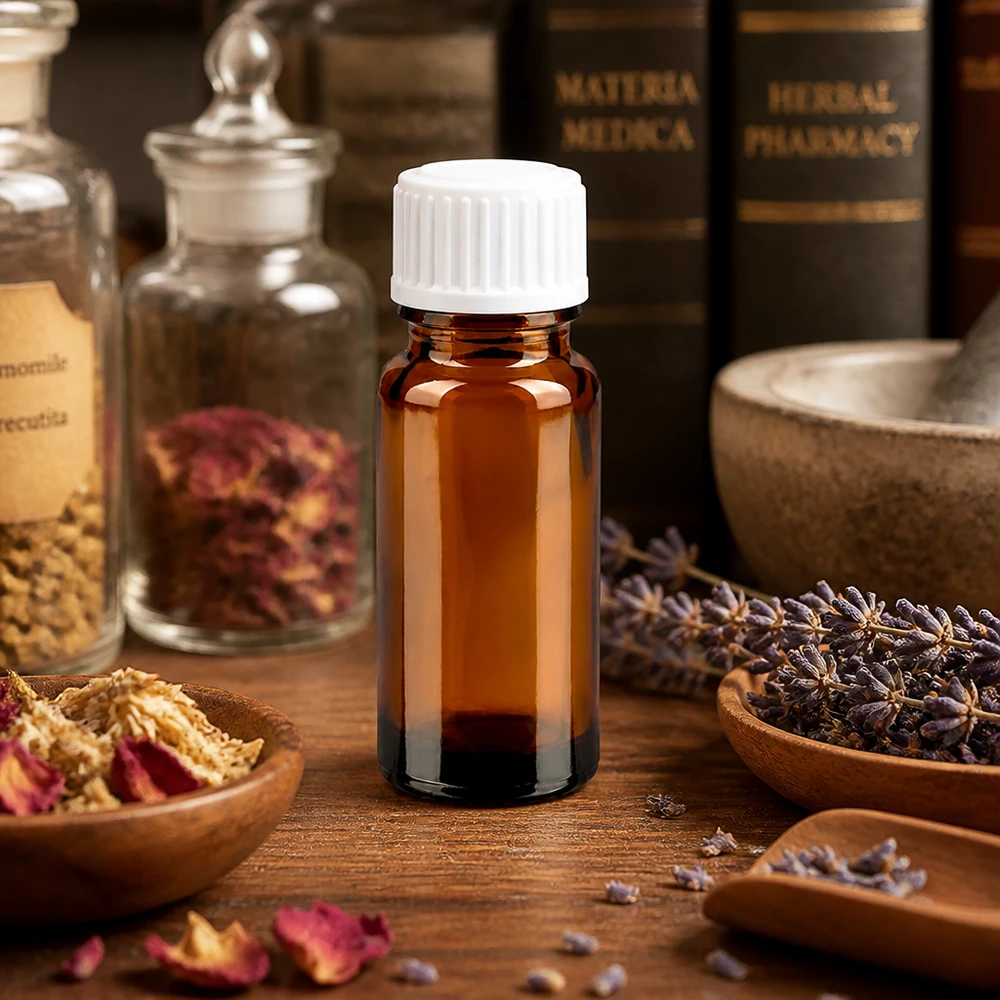 Frasco cuentagotas STD de 10 ml de color marrón con tapón blanco, junto a libros de Materia Médica y hierbas