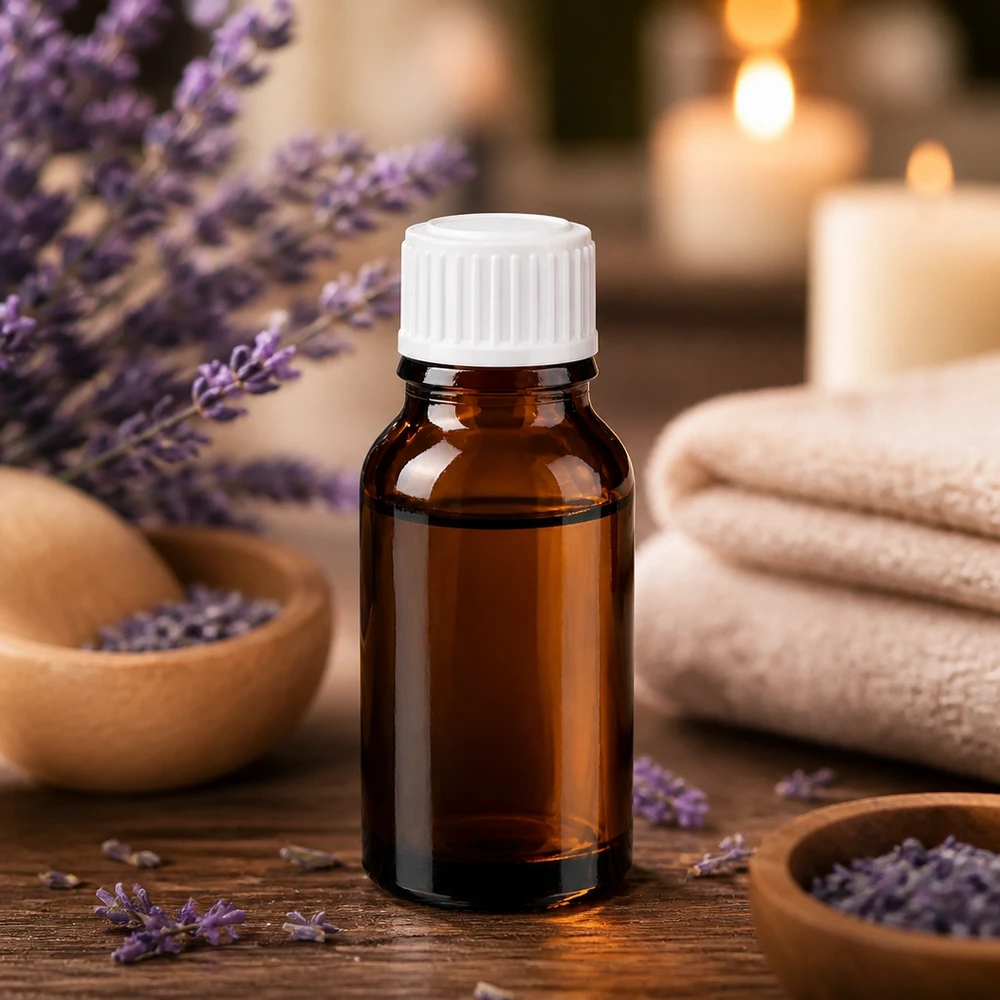 Frasco de farmacia de 15 ml, de color marrón, con tapón de rosca blanco, rodeado de flores de lavanda y velas