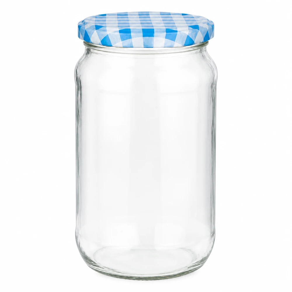1062ml tarro redondo + tapa BasicSeal azul/blanco UNiTWIST Tarro redondo de 1062 ml con tapa BasicSeal a cuadros azules y blancos, tarro de conserva vacío para conservas y almacenamiento