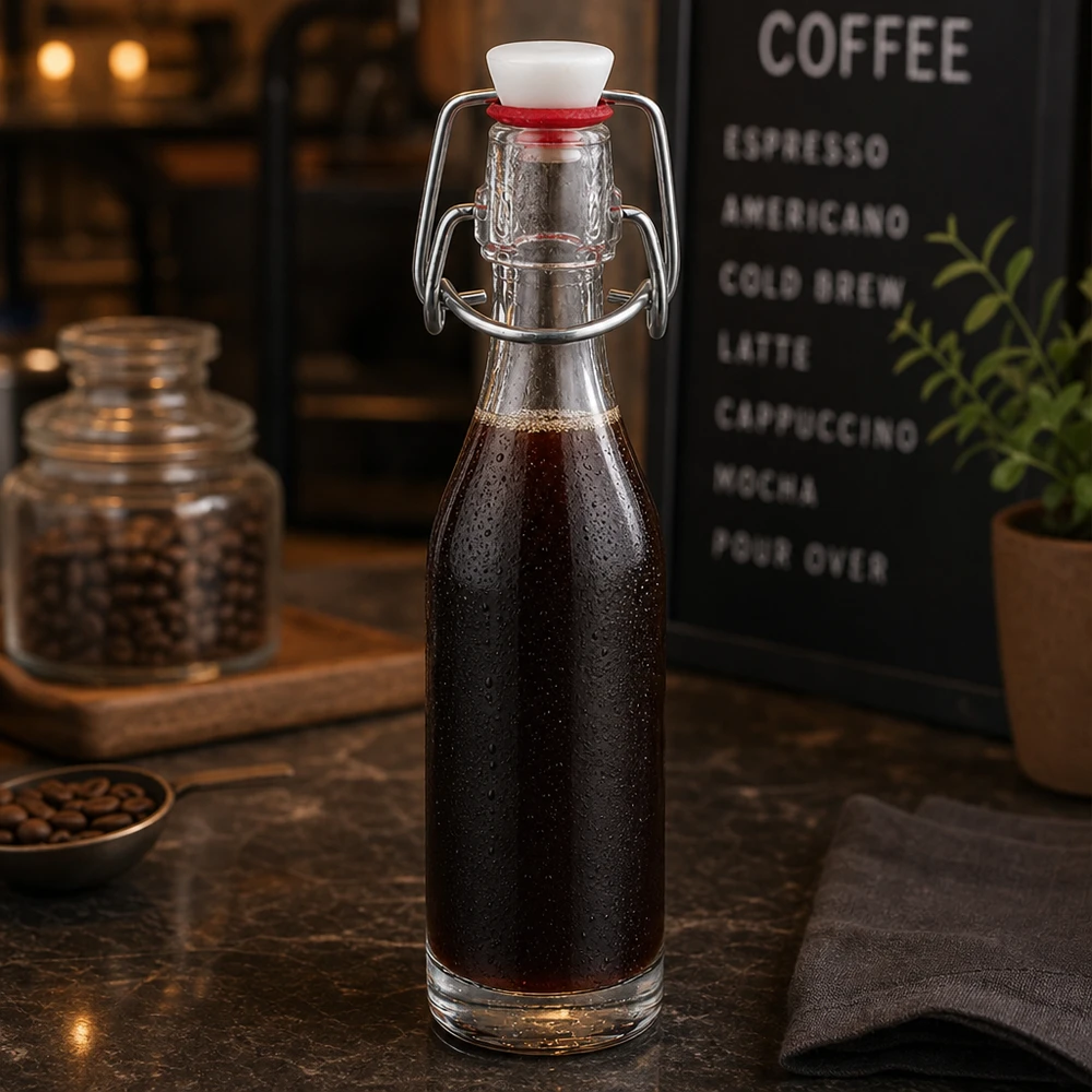 Botella de vidrio de 50 ml + tapa abatible de PVC UNiTWIST 50ml Glasflasche mit Bügelverschluss gefüllt mit Cold Brew Kaffee in stilvoller Café-Atmosphäre mit Kaffeebohnen