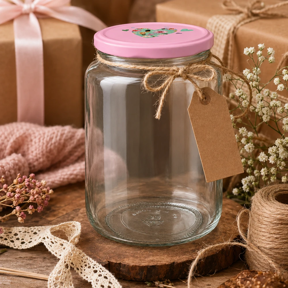 Tarro redondo 795ml + tapa BasicSeal rosa corazón UNiTWIST Dekoratives Rundglas 795ml mit rosa Herzdeckel als Geschenkidee rustikale Präsentation mit Anhänger und Juteschnur
