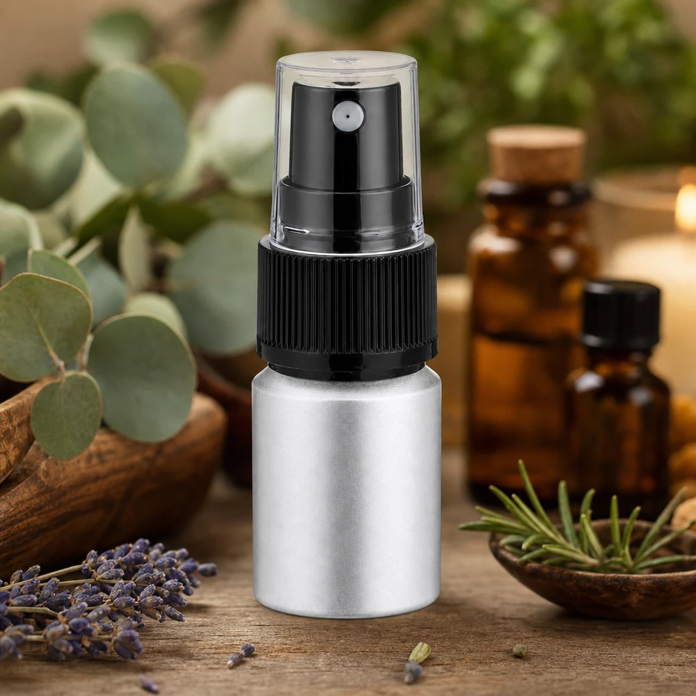 Botella de aluminio decapado de 10ml con atomizador. Frasco de aluminio teñido de 10 ml con pulverizador para aceites esenciales y aromaterapia de plata