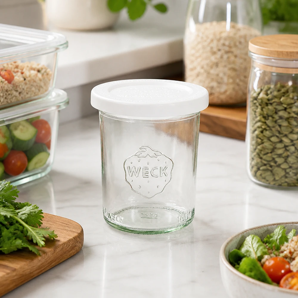Vaso de cristal de 160 ml con tapa hermética WECK RR60 WECK 160ml RR60 vasos en una cocina moderna con tarros de almacenamiento, ensalada y hierbas frescas - almacenamiento versátil
