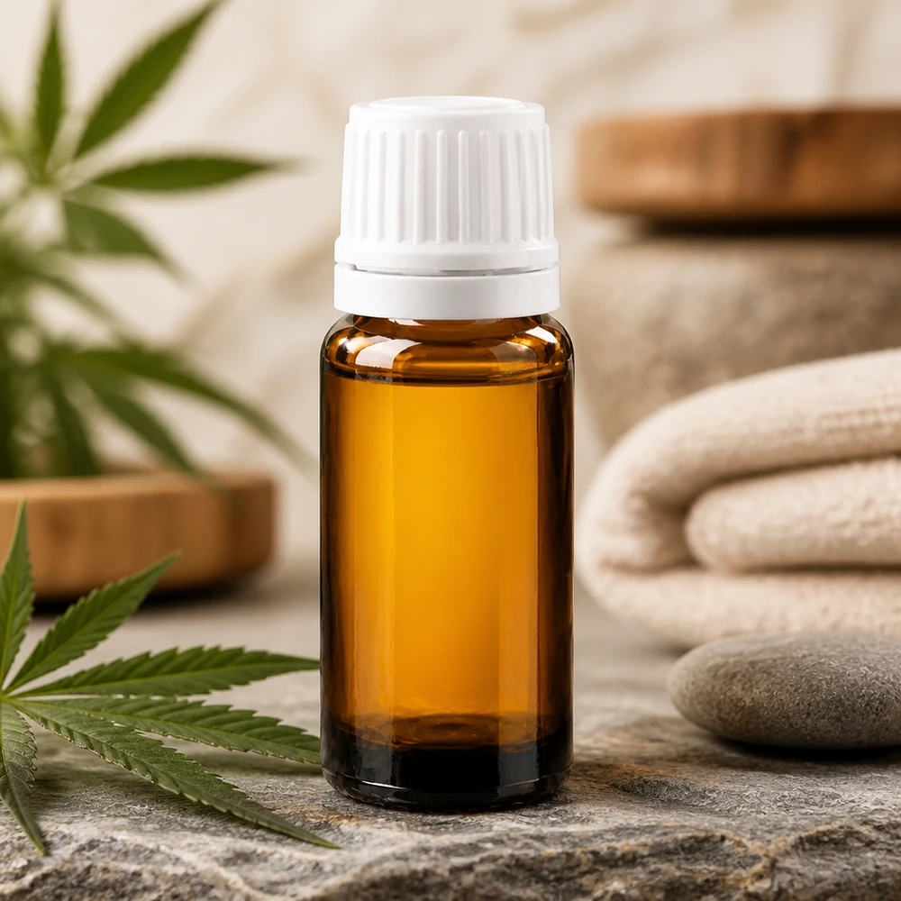 Frasco marrón de 10 ml con protección contra los rayos UV y tapón OV blanco, ideal para aceite de CBD y cosmética natural