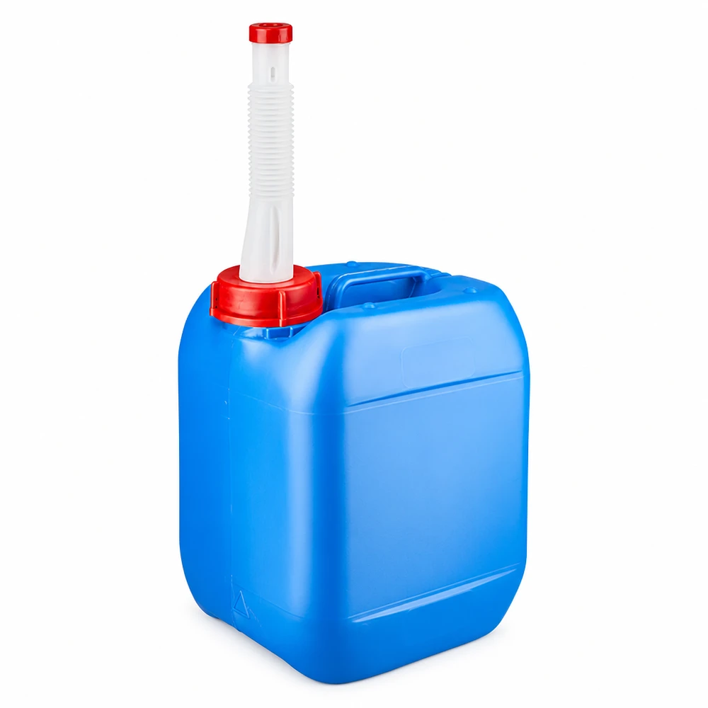 Bidón de plástico azul de 5 litros con tubo de salida flexible y tapón rojo