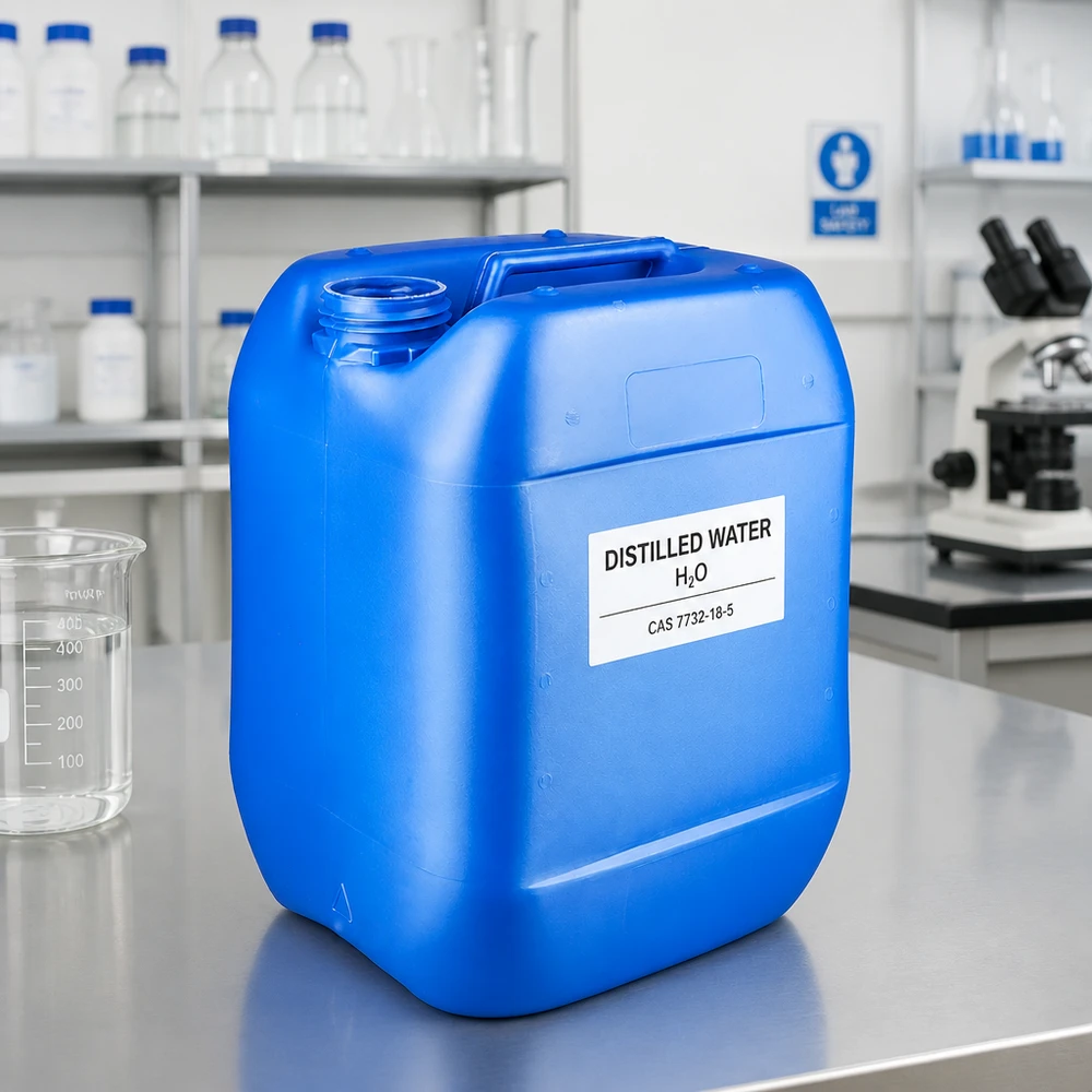 Bidón azul de 10 litros sin tapón para agua destilada en el laboratorio