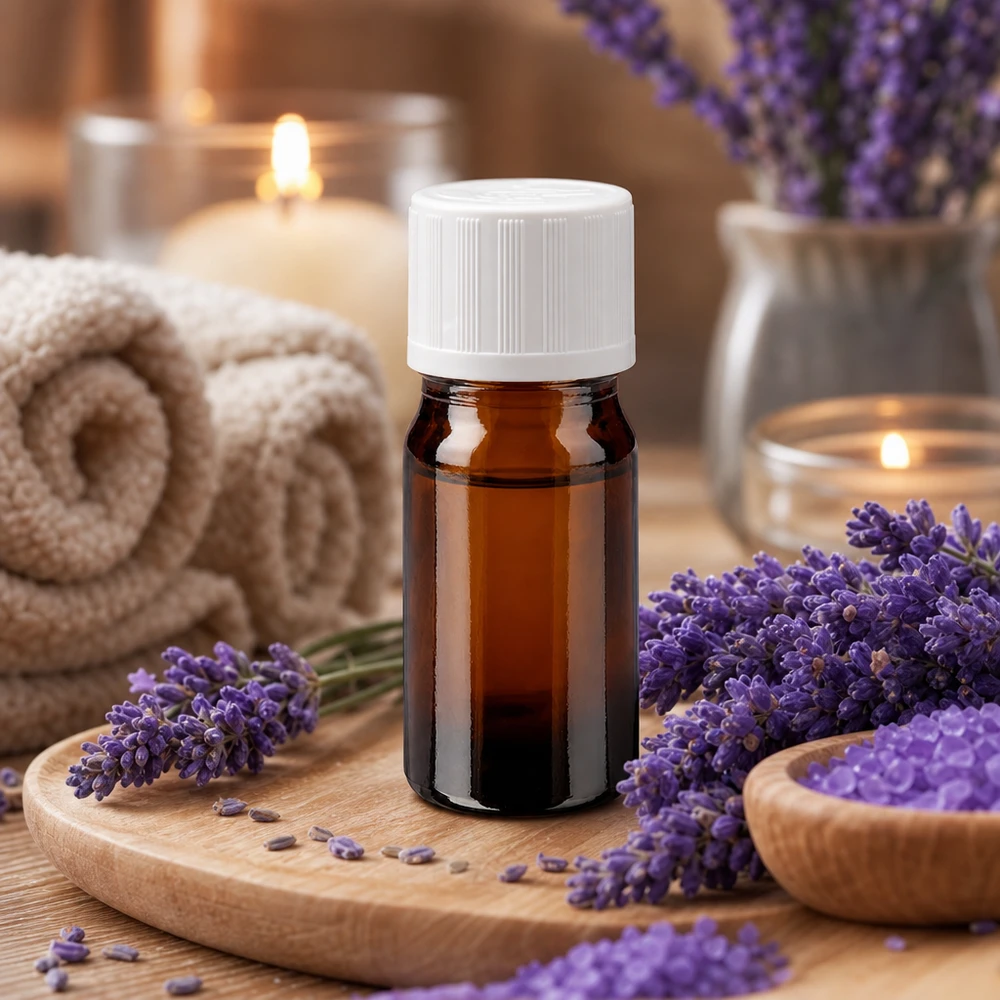 Botella de farmacia marrón 5ml tapón de rosca blanco estándar a prueba de niños Frasco de cristal ámbar para aromaterapia de 5 ml con tapón de seguridad blanco para niños, sobre una bandeja de madera con lavanda