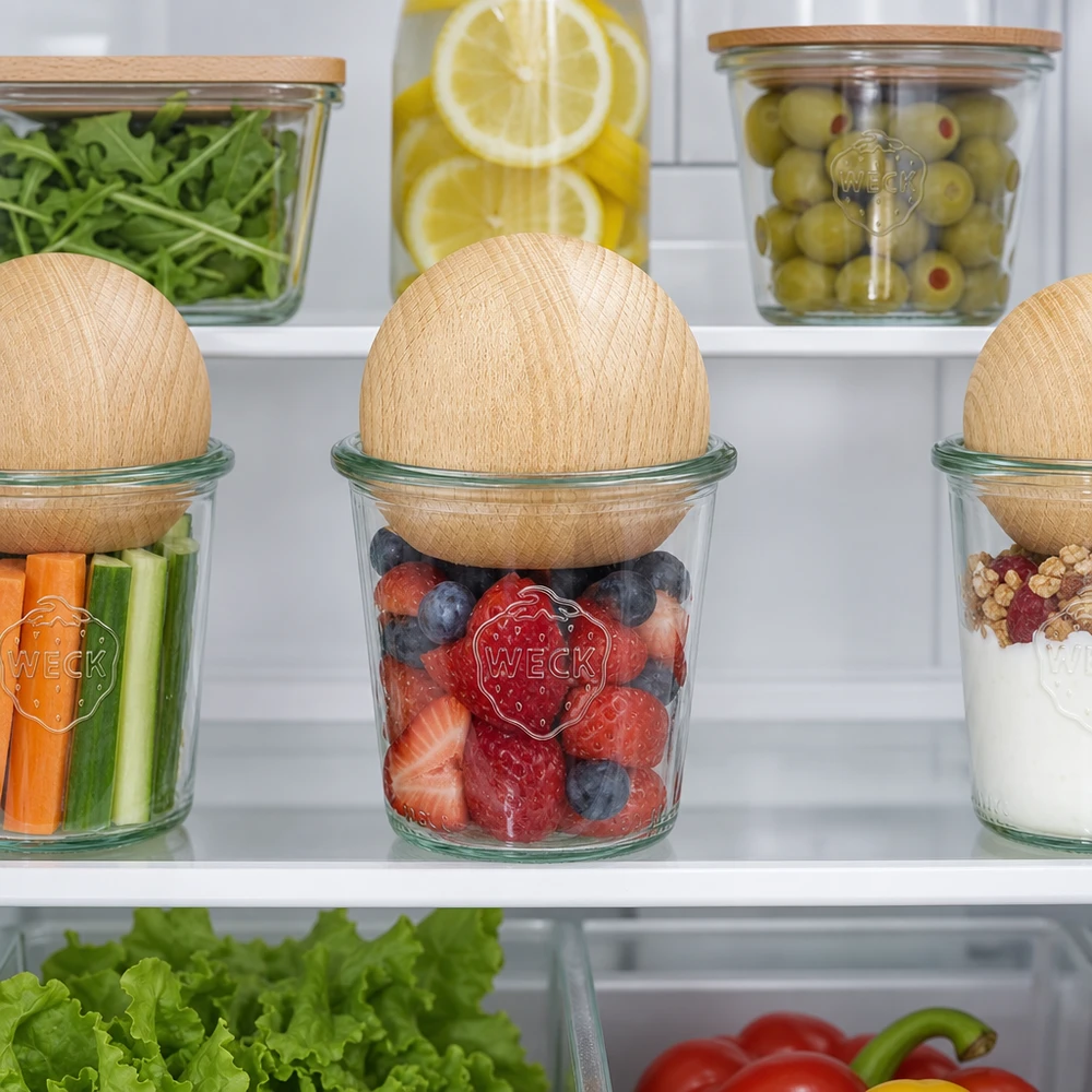 WECK tarros 290ml RR80 con perlas de haya en la nevera para el almacenamiento de alimentos de bayas y verduras
