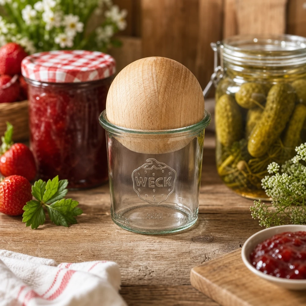 Tarro WECK 140ml RR60 en cocina rústica con mermelada y pepinillos en vinagre, tapa de madera de haya vista