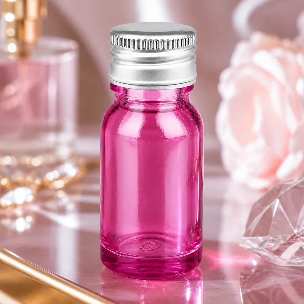 Frasco de 10 ml con abertura de 11 mm de vidrio morado y tapón de aluminio plateado para aplicaciones móviles
