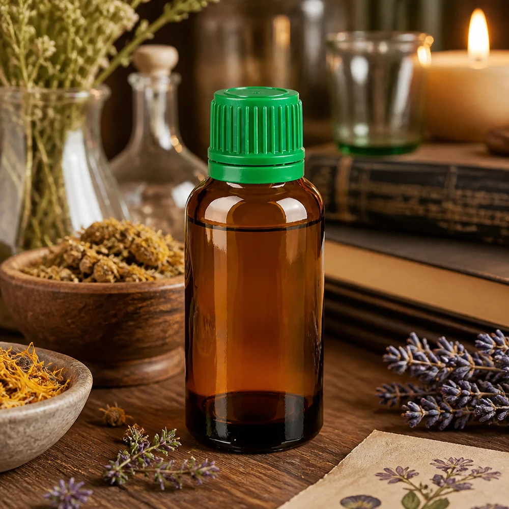 Frasco de vidrio ámbar con protección UV de 30 ml con tapón verde a prueba de niños para remedios naturales
