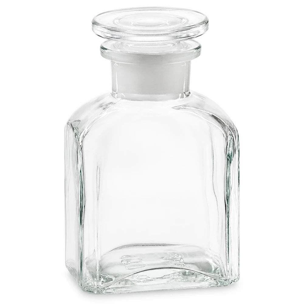 Botella cuadrada de 150 ml, transparente, con tapón de cristal, fabricada en cristal de alta calidad, para uso en laboratorio y en el hogar