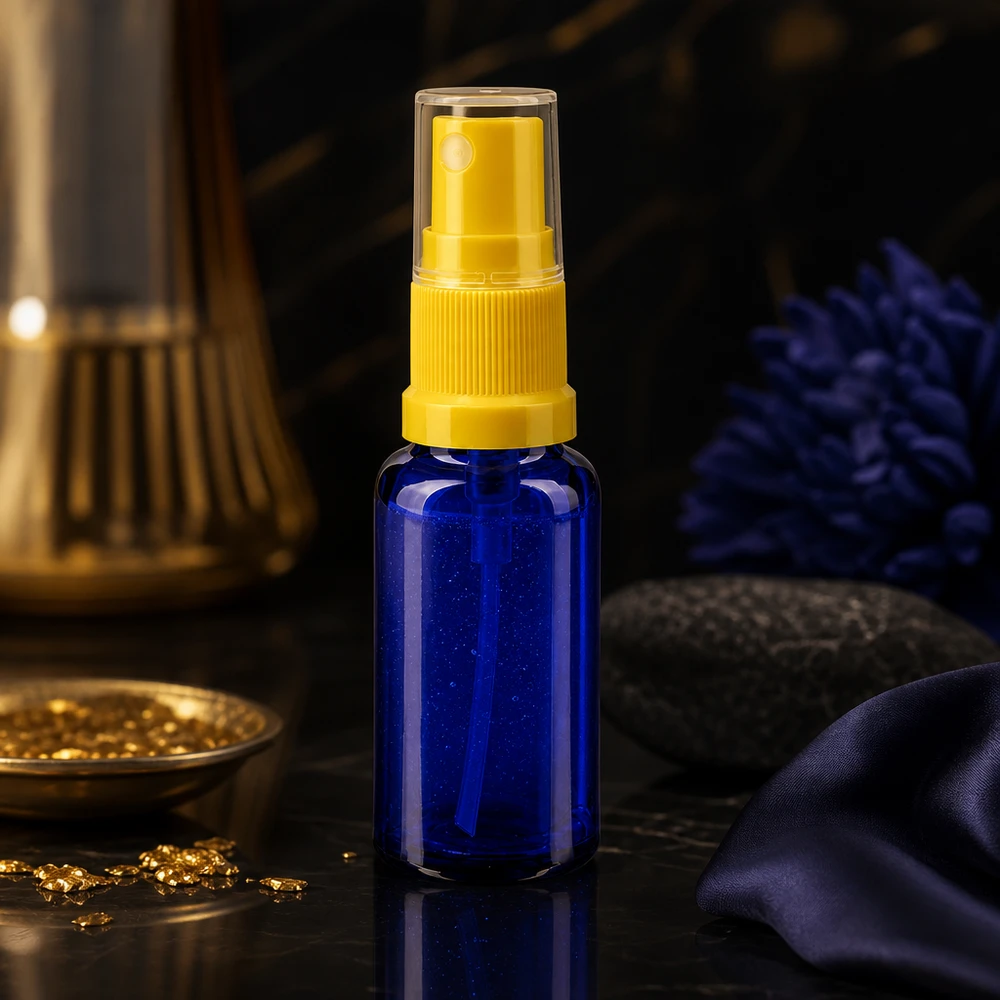 Frasco pulverizador azul de 20 ml de cristal de farmacia con cabezal pulverizador amarillo y tapón protector transparente