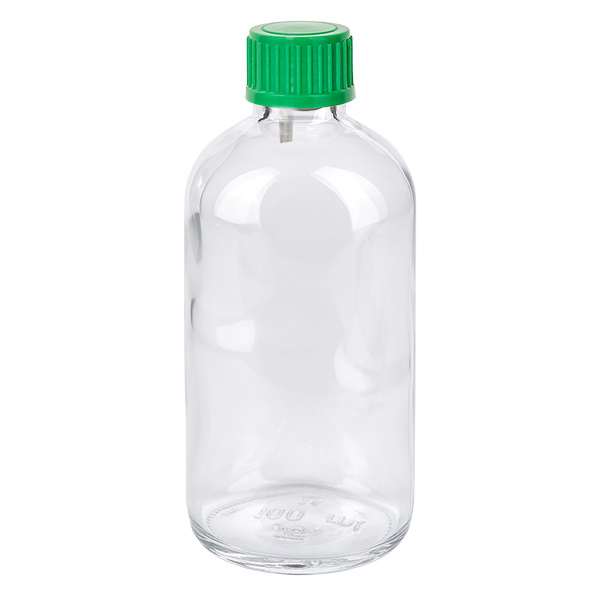 Frasco cuentagotas de 100 ml y 0,8 mm de color verde con cierre estándar ClearLine UT18/100 Frasco cuentagotas de 100 ml de cristal transparente con tapón de rosca verde ClearLine UT18