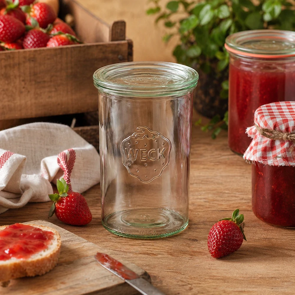 Vasos WECK RR100 1000ml dispuestos decorativamente en una cocina rústica con fresas y mermelada casera