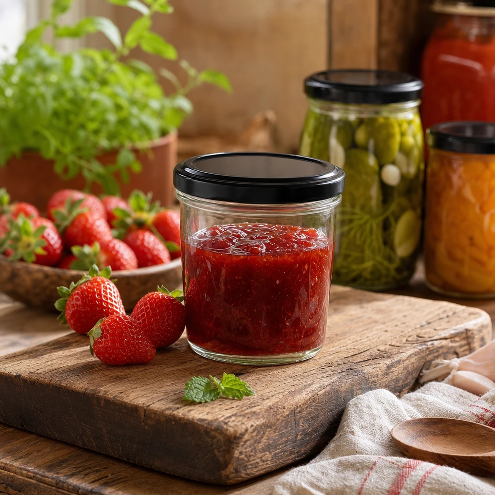 Tarro volteable de 230 ml con mermelada de fresa sobre tabla de madera muestra el uso práctico en la cocina de la tapa BasicSeal