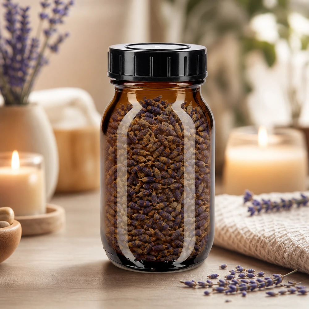 Botella ámbar de 100ml con tapón de rosca Botella de cuello ancho de 100 ml de vidrio color ámbar con tapón negro para un almacenamiento a prueba de aromas