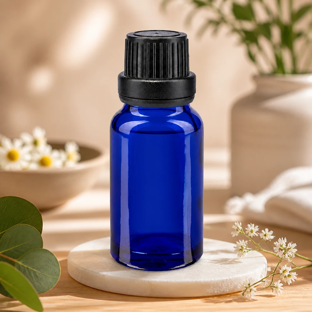 Botella de farmacia azul 10ml tapón cuentagotas anillo vertedor 2mm cierre inviolable negro Frasco de farmacia azul de 10 ml con tapón de seguridad negro y gotero de precisión de 2 mm para aromaterapia