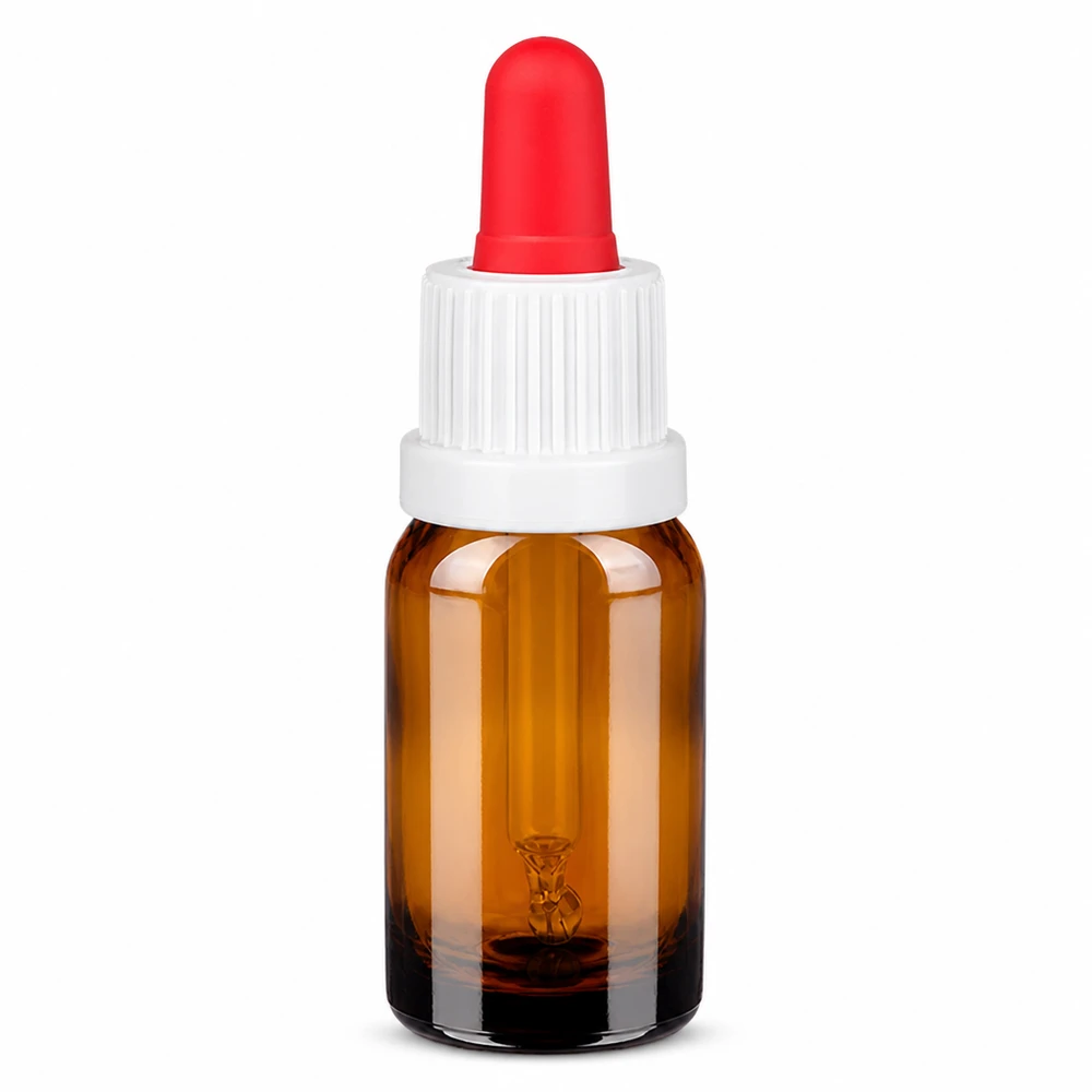 Frasco pipeta de 10 ml de vidrio ámbar con tapón blanco y cuentagotas rojo para una dosificación precisa