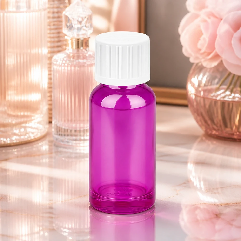 Frasco de vidrio compacto de 20 ml en moderno color morado con tapón blanco para cosméticos y perfumes de bricolaje